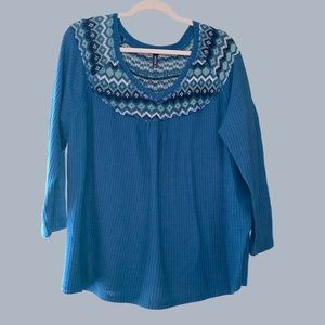 MASSINI NWOT Blue Waffle Knit Top with Fair Isle Sweater Trim, Size 2X.